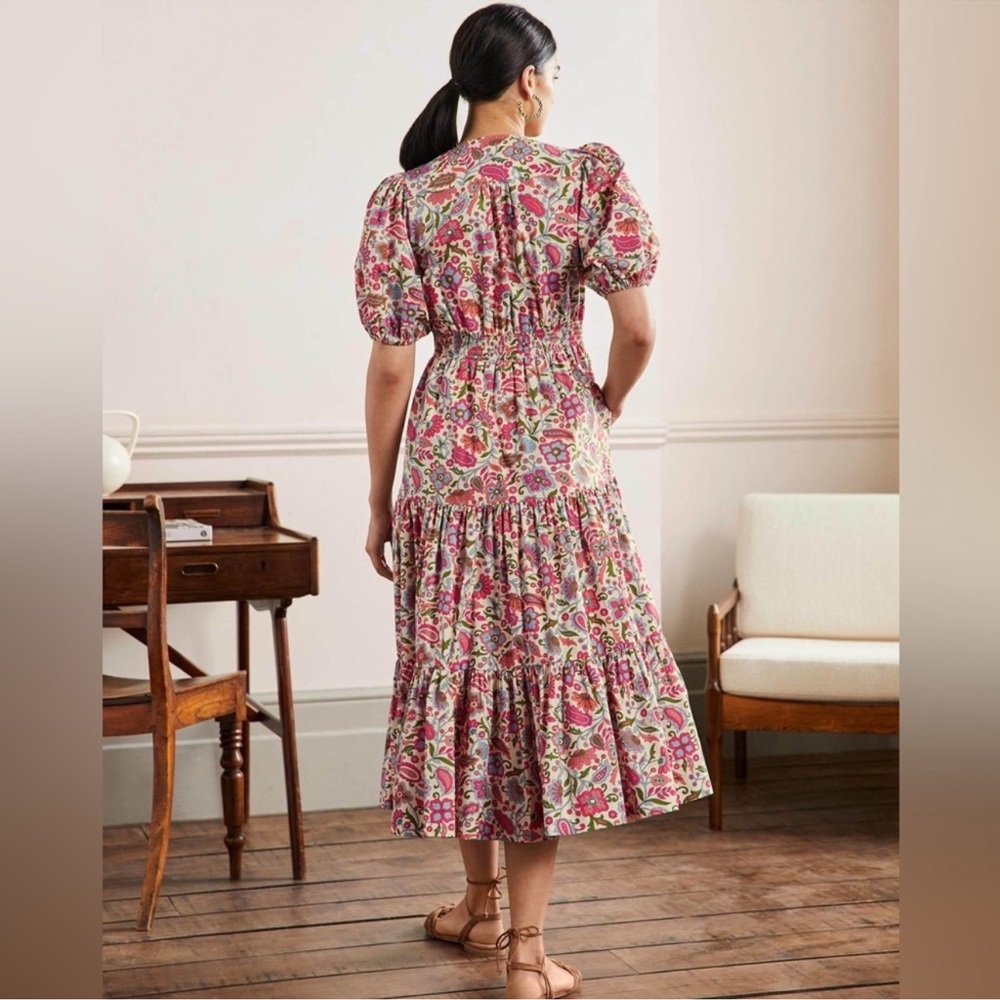 Boden puff sleeve Tiered Multicolor midi dress 8 - Picture 2 of 10